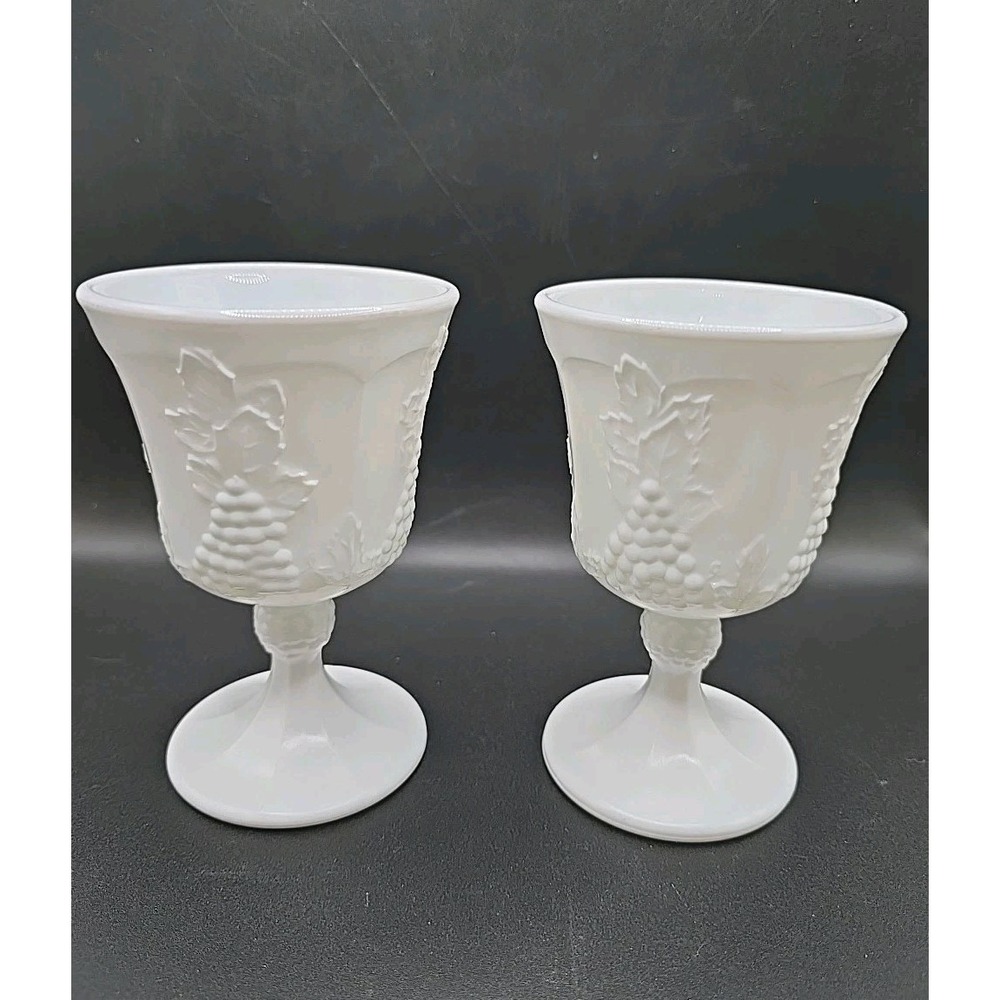 Indiana Colony Harvest Grape White Milk Glass 8 oz. Water/Wine Goblets Set Of 2
